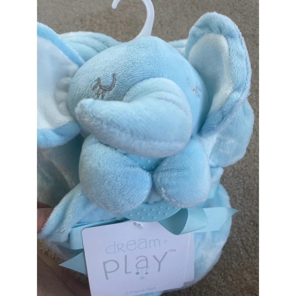 Dream + Play Baby 2-Piece Set Blue Elephant Security Blanket Teether Star Fleece